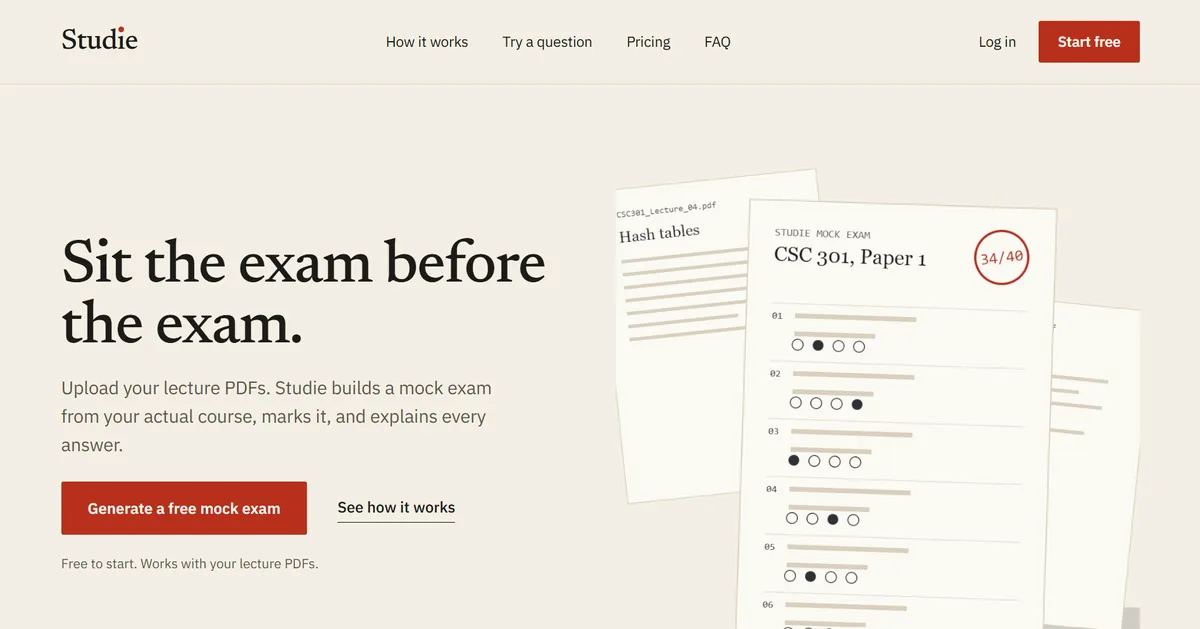 Studie AI landing page with the headline “Sit the exam before the exam.” and a marked mock exam paper.